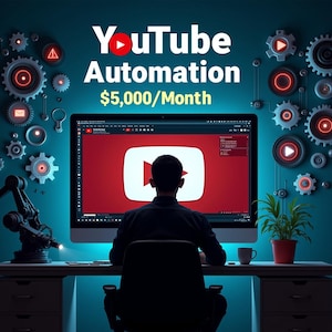 以下が含まれることがあります： YouTubeのロゴが表示されたコンピューターの画面の前に人が座っています。コンピューターの上のテキストには「YouTube Automation $5,000/Month」と表示されています。