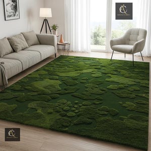 Organic Forest-Inspired 3D Moss Green Wool Rug | Hand-Tufted Earthy Floor Decor for Cozy Living Rooms and Bedrooms