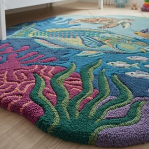 May include: A round, hand-tufted rug with an underwater scene. The rug features a blue background with fish, a sea turtle, and coral in shades of purple, pink, and green. The rug is placed on a light-colored wooden floor.