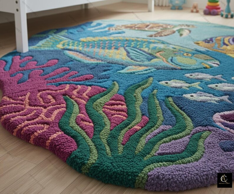 May include: A round, hand-tufted rug with an underwater scene. The rug features a blue background with fish, a sea turtle, and coral in shades of purple, pink, and green. The rug is placed on a light-colored wooden floor.