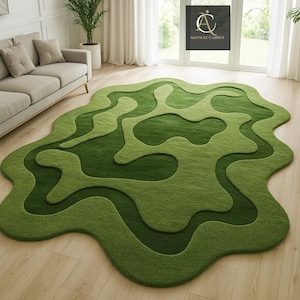 Hand Tufted Moss Green Wool Rug: Irregular Abstract Area Rug