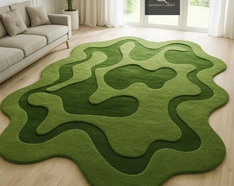 Hand-Tufted Green Abstract Rug | Organic Shape Moss Carpet | Modern Irregular Area Decor