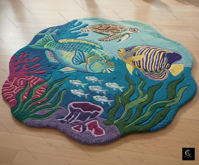 May include: A round, ocean-themed rug featuring a vibrant underwater scene. The design includes a sea turtle, colorful fish, coral, and seaweed in shades of blue, green, purple, and yellow. The rug is placed on a light-colored wooden floor.
