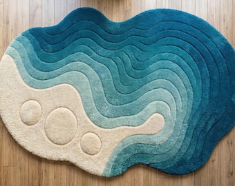 Alfombra Blue Wave tejida a mano, alfombra abstracta del océano, alfombra irregular para sala de estar.