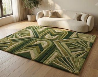 8x10 Handmade Green Wool Rug | Geometric Art Deco Carpet