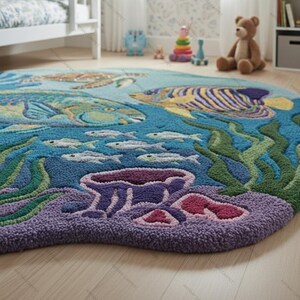 May include: A round, ocean-themed rug featuring a vibrant underwater scene. The rug depicts colorful fish, a sea turtle, coral, and seaweed in shades of blue, green, purple, and yellow. The rug is designed for a child's room.