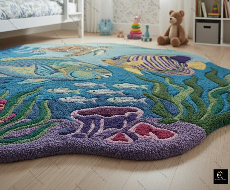 May include: A round, ocean-themed rug featuring a vibrant underwater scene. The rug depicts colorful fish, a sea turtle, coral, and seaweed in shades of blue, green, purple, and yellow. The rug is designed for a child's room.