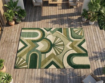 Hand-Tufted Wool Area Rug | Olive & Cream Art Deco Geometric Carpet