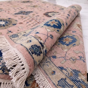 Vintage Pink Oushak Rug | Handmade Wool Area Rug in Persian Style for Home Decor