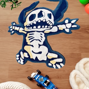 Skeleton Bunny Rug - Handgetufteter Cartoon Teppich für Kinderzimmer | Weicher Plüsch-Spielzimmerteppich | Gruseliges süßes Dekor | Halloween-Geschenk-Idee