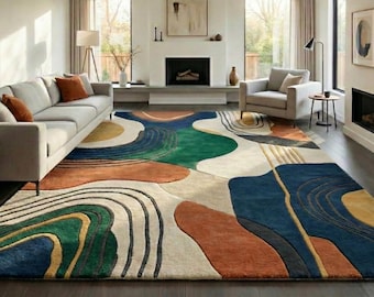 Hand getufteter abstrakter Teppich | Bunter Geometrischer Wollteppich | Modernes Wohnzimmer Dekor