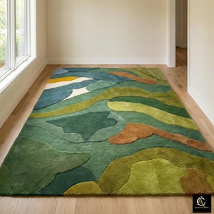 Green Abstract Hand-Tufted Wool Rug | Organic Modern Sculpted High Low Design for Living Room
