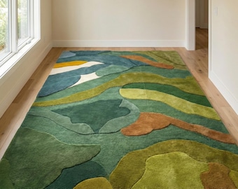 Green Abstract Hand-Tufted Wool Rug | Organic Modern Sculpted High Low Design for Living Room