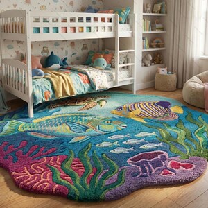 May include: A colorful, round rug with an underwater scene featuring fish, coral, and seaweed. The rug's design includes a variety of blues, greens, pinks, and yellows, creating a vibrant and playful aesthetic. Ideal for a child's bedroom.