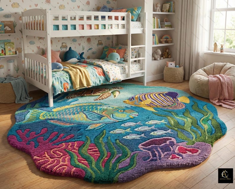 May include: A colorful, round rug with an underwater scene featuring fish, coral, and seaweed. The rug's design includes a variety of blues, greens, pinks, and yellows, creating a vibrant and playful aesthetic. Ideal for a child's bedroom.