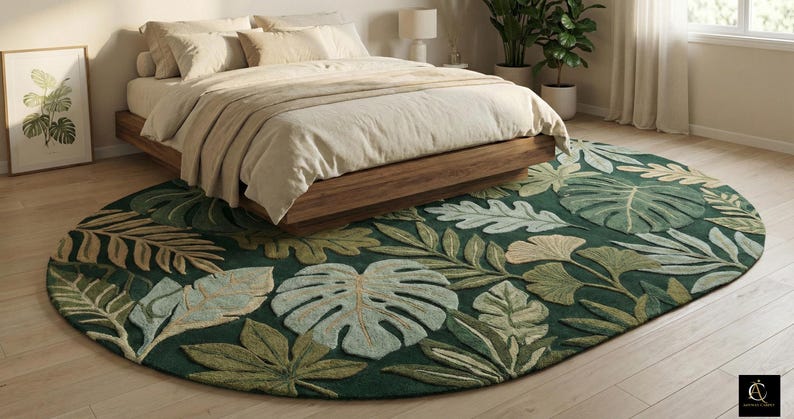 Hand Tufted Botanical Rug, Tropical Leaf Area Rug, Green Jungle Rug, Nature Inspired Living Room Carpet, Floral Plant Decor, Statement Rug image 3