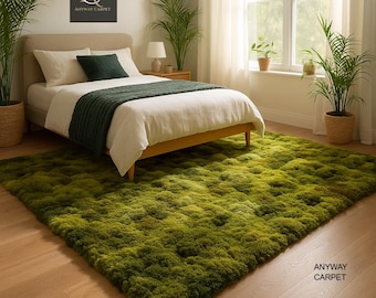 Moss Tufted Rug: Soft Green High Pile Carpet - Botanical Floor Art