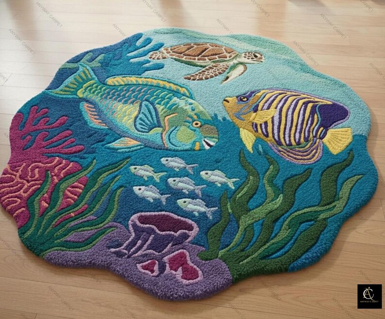 May include: A round, ocean-themed rug featuring a vibrant underwater scene. The rug depicts a parrotfish, angelfish, sea turtle, and small fish swimming among coral and seaweed. The color palette includes shades of blue, green, purple, and yellow.