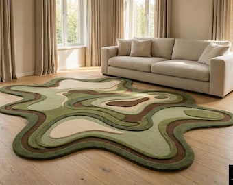 Abstract topografisch vloerkleed - groen en beige golvend gelaagd tapijt, uniek vloerkleed
