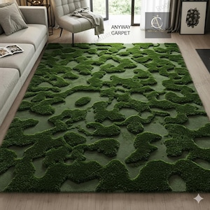 Mossy Terrain 3D Wool Rug – Hand-Tufted Green High-Low Carpet for Earthy Modern Interiors