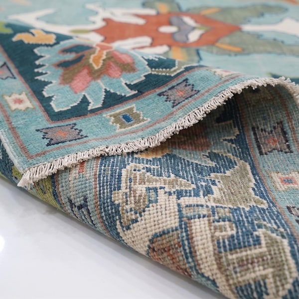 Aqua Blue Hand Knotted Rug | Colorful Floral Area Rug | Persian Inspired Wool Carpet