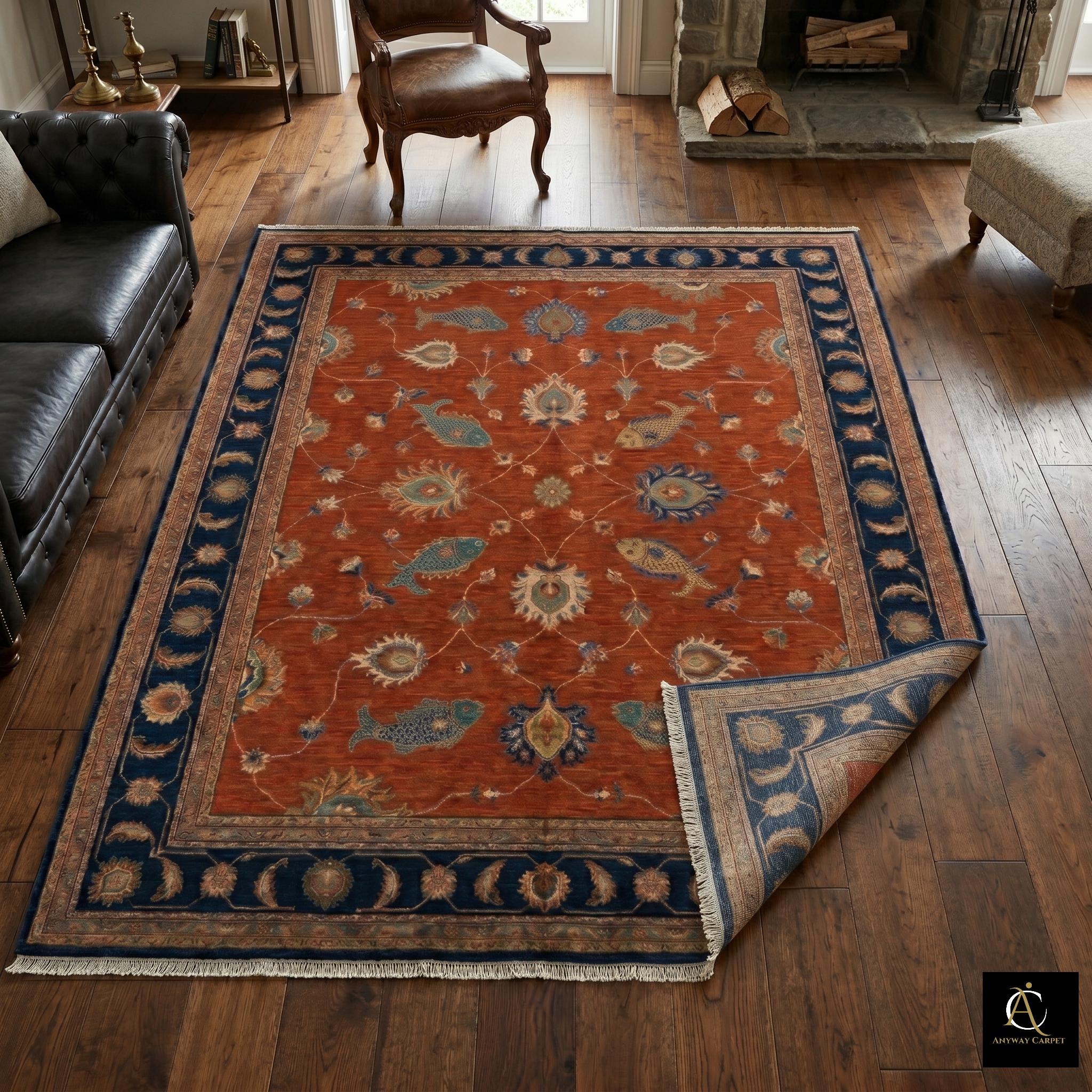 Hand Knotted Oushak Rug, Rust Wool Oriental Carpet, Navy Border Living ...