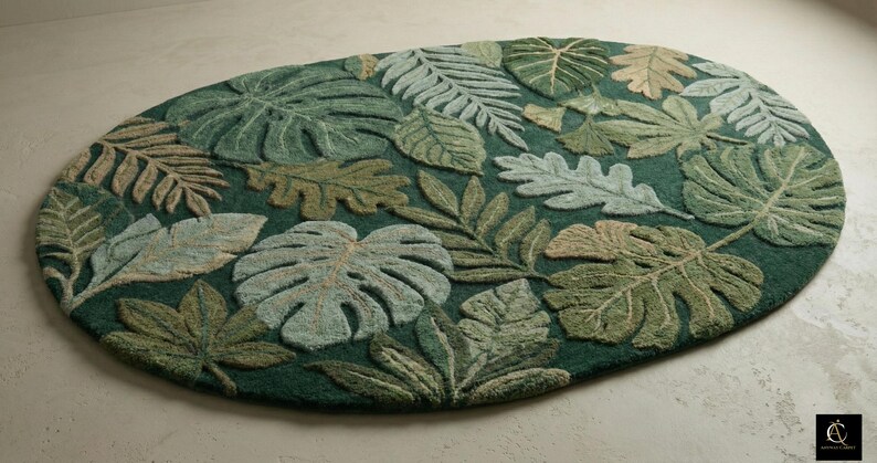 Hand Tufted Botanical Rug, Tropical Leaf Area Rug, Green Jungle Rug, Nature Inspired Living Room Carpet, Floral Plant Decor, Statement Rug image 5