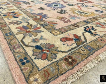 Floral Vintage Pink Oushak Rug | Hand Knotted Turkish Wool Area Rug for Living Space
