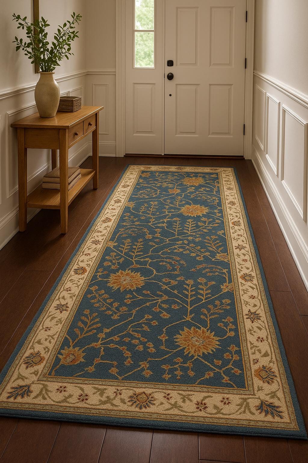 伝統的なブルー＆ベージュの花柄メダリオンラグ｜ヴィンテージ風織り