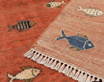 Hand Knotted Fish Rug | Coastal Area Rug | Terracotta Ocean Carpet | Nautical Beach House Decor