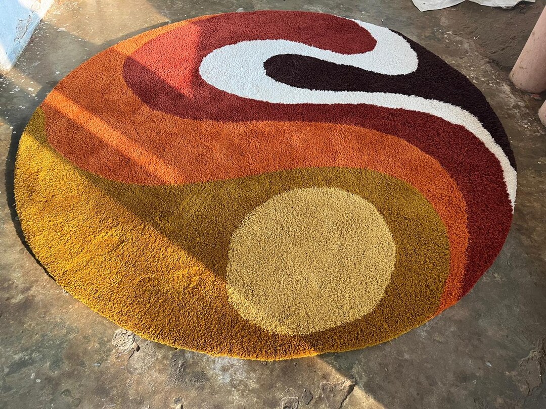 Round Large Rug Abstract Modern Round Abstract Carpet | Artistic Rust, Mustard & Cream Area Rug ...