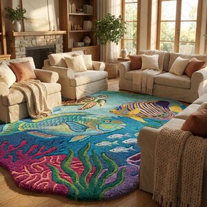 May include: A colorful, round area rug with a vibrant underwater scene. The rug features a blue background with depictions of fish, coral, and a sea turtle. The rug is surrounded by beige sofas and chairs, creating a cozy living room setting.