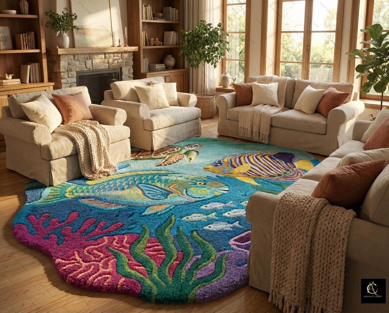 May include: A colorful, round area rug with a vibrant underwater scene. The rug features a blue background with depictions of fish, coral, and a sea turtle. The rug is surrounded by beige sofas and chairs, creating a cozy living room setting.