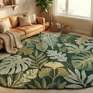 Hand Tufted Botanical Rug, Tropical Leaf Area Rug, Green Jungle Rug, Nature Inspired Living Room Carpet, Floral Plant Decor, Statement Rug image 1
