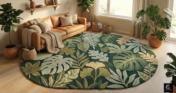 Hand Tufted Botanical Rug, Tropical Leaf Area Rug, Green Jungle Rug, Nature Inspired Living Room Carpet, Floral Plant Decor, Statement Rug