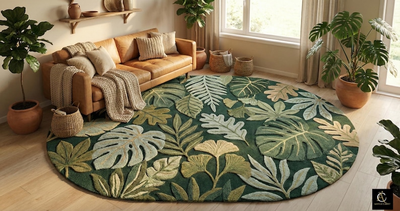 Hand Tufted Botanical Rug, Tropical Leaf Area Rug, Green Jungle Rug, Nature Inspired Living Room Carpet, Floral Plant Decor, Statement Rug image 1