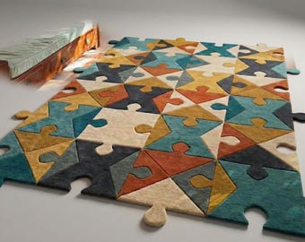 Colorful Kids Room Geometric Rug | Hand-Tufted Puzzle Carpet for Play Spaces