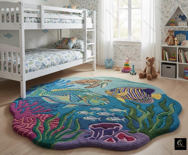 May include: A colorful, ocean-themed rug featuring a vibrant underwater scene. The rug showcases a variety of marine life, including fish, a sea turtle, and coral. The rug's design incorporates shades of blue, green, purple, and pink.