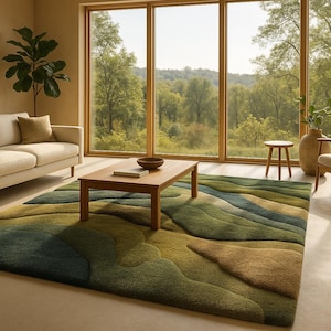 Hand-Tufted Wool Landscape Rug: 3D Earthy Green Area Rug
