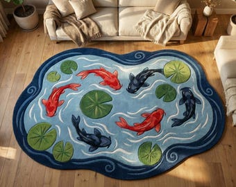 Koi Fish Rug, Japanese Style Pond Area Rug, Blue Fish Rug, Lily Pad Rug, Irregular Shaped Rug, Asian Inspired Home Decor