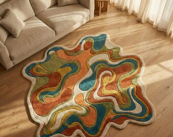 Hand Tufted Abstract Rug, Colorful Wavy Area Rug, Irregular Shaped Modern Carpet, Terracotta Teal Green Rug