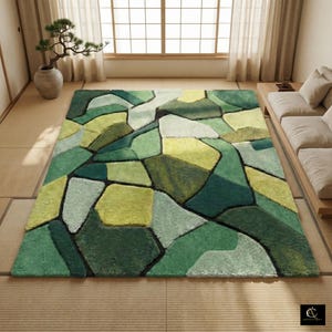 Hand Tufted Green Abstract Wool Rug, Modern Geometric Patchwork Carpet, Soft Nursery Area Rug