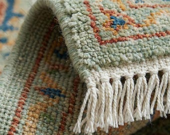 Sage Green Floral Area Rug | Handmade Indian Wool Carpet | Cozy Cottagecore Living Room Decor