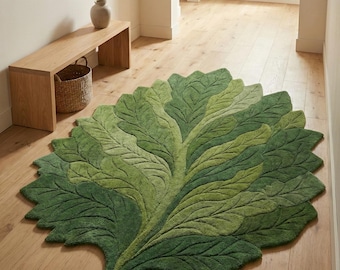 Leaf Shaped Area Rug | Handmade Green Botanical Carpet | Hand-Tufted Wool High Low Design