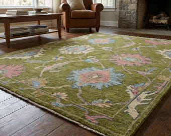Hand Knotted Oushak Rug, Olive Green Wool Oriental Carpet, Vintage Floral Living Room Rug