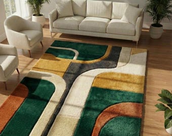 Hand Tufted Abstract Geometric Rug | Modern Green & Mustard Area Rug | Mid Century Artistic Carpet