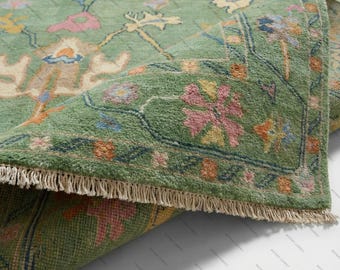 Handgeknüpfter Oushak Teppich | Grüner Vintage Wollteppich für Wohnzimmer, Schlafzimmer