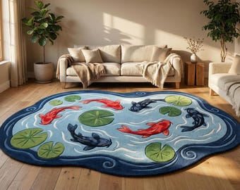 Handgetufteter Koi Fischteichteppich, japanischer Wassergartenteppich, Natur inspiriertes Wohnzimmer