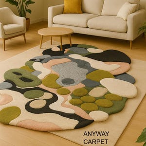 Green Boho Moss Tufted Wool Rug: Earthy Botanical Floor Art