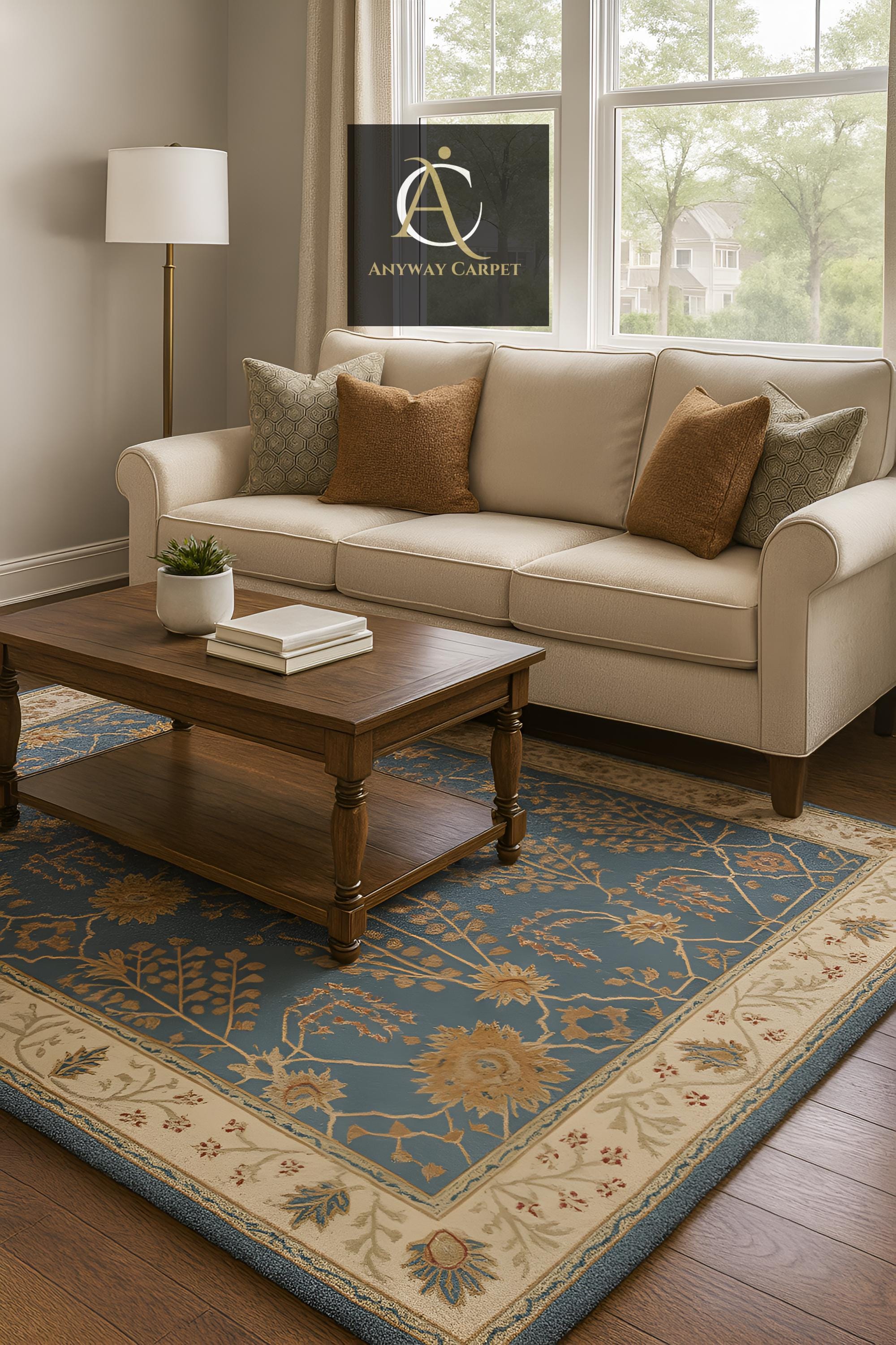 伝統的なブルー＆ベージュの花柄メダリオンラグ｜ヴィンテージ風織り